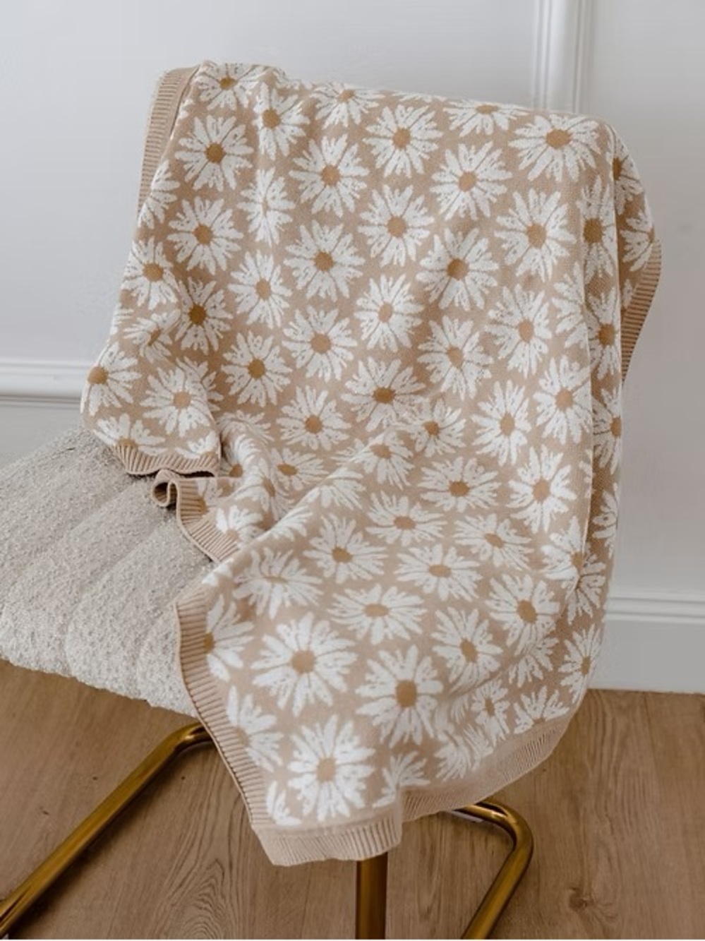 Floral Knit Baby Blanket in Beige and White